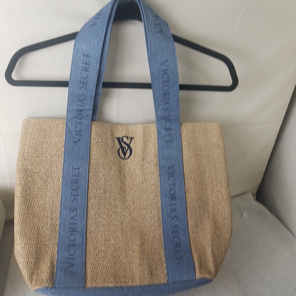 Victoria's Secret Straw Tote Bag Denim Straps Logo‎ Beach Summer Travel NWOT